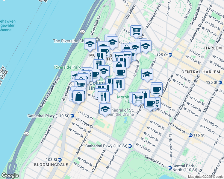 map of restaurants, bars, coffee shops, grocery stores, and more near 1150 Amsterdam Avenue in New York