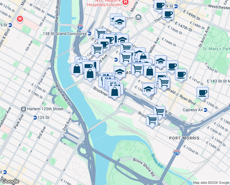 map of restaurants, bars, coffee shops, grocery stores, and more near 354 East 134th Street in Bronx