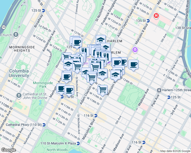 map of restaurants, bars, coffee shops, grocery stores, and more near 7th Ave & W 122nd St in New York