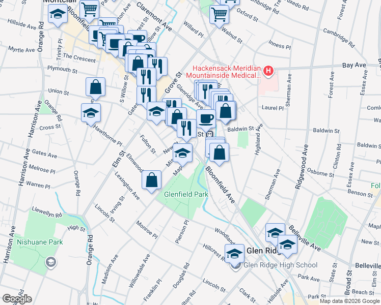 map of restaurants, bars, coffee shops, grocery stores, and more near 2 Maple Avenue in Montclair