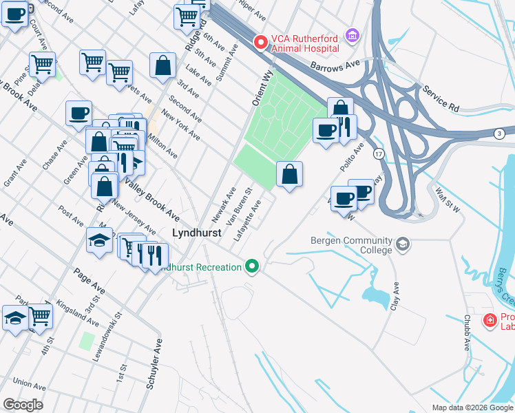 map of restaurants, bars, coffee shops, grocery stores, and more near 218 Van Buren Street in Lyndhurst