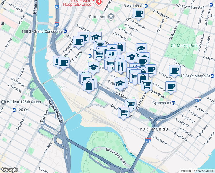 map of restaurants, bars, coffee shops, grocery stores, and more near 423 East 136th Street in Bronx