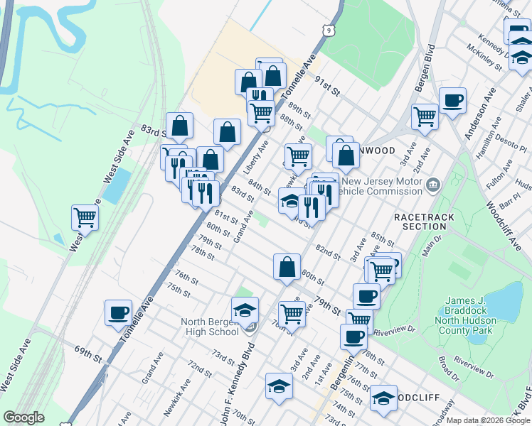 map of restaurants, bars, coffee shops, grocery stores, and more near 1419 83rd Street in North Bergen