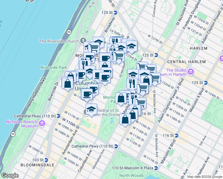 map of restaurants, bars, coffee shops, grocery stores, and more near 70 Morningside Drive in New York