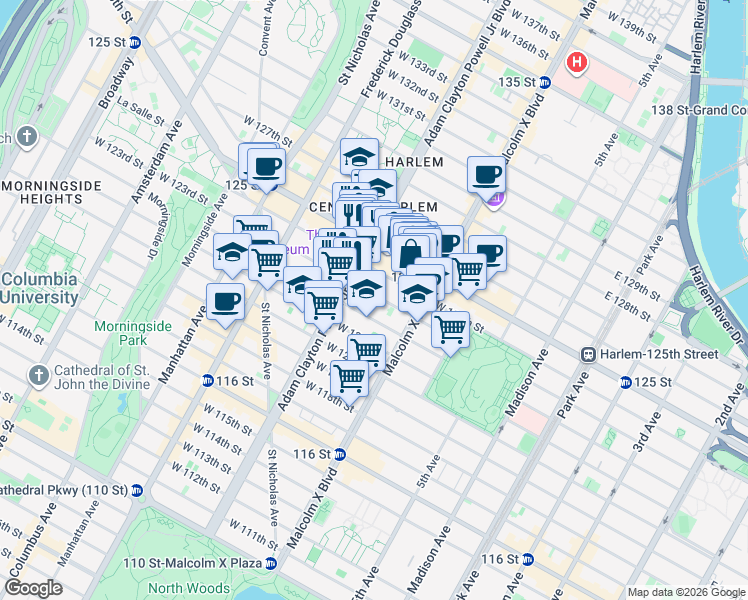 map of restaurants, bars, coffee shops, grocery stores, and more near 157 West 123rd Street in New York
