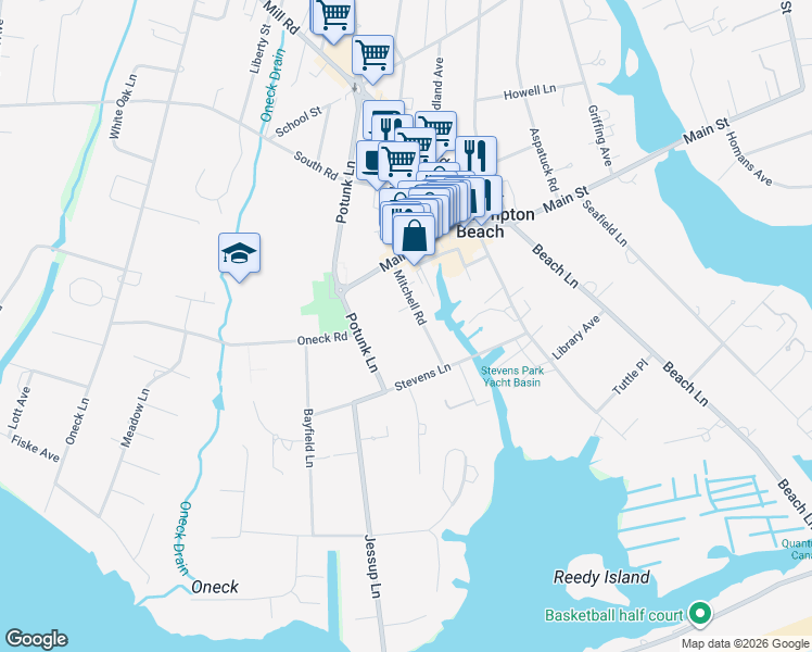 map of restaurants, bars, coffee shops, grocery stores, and more near 19 Mitchell Road in Westhampton Beach