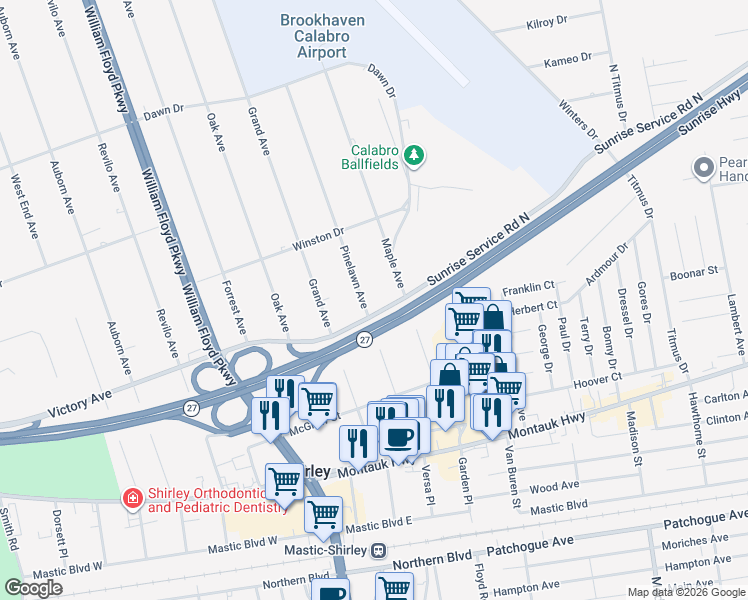 map of restaurants, bars, coffee shops, grocery stores, and more near 41 Maple Avenue in Shirley
