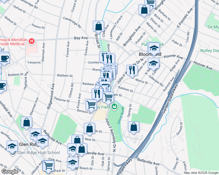 map of restaurants, bars, coffee shops, grocery stores, and more near 11 Baldwin Street in Bloomfield