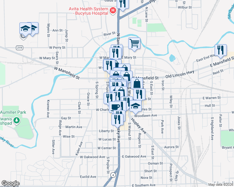 map of restaurants, bars, coffee shops, grocery stores, and more near 200-220 S Sandusky Ave in Bucyrus