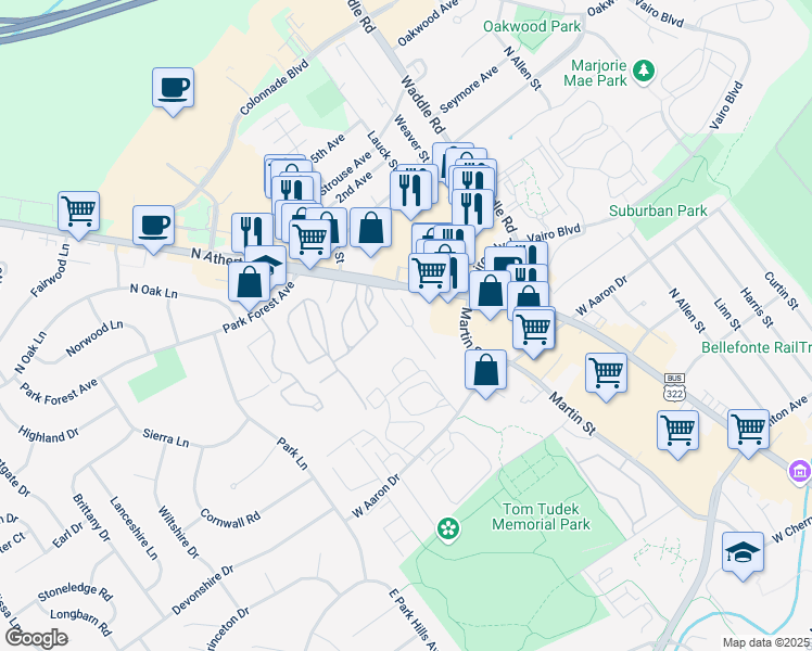 map of restaurants, bars, coffee shops, grocery stores, and more near Franklin Manor Lane in State College
