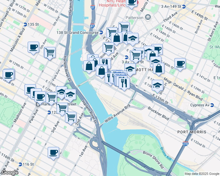 map of restaurants, bars, coffee shops, grocery stores, and more near 20 Bruckner Boulevard in Bronx