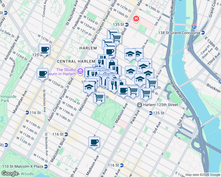 map of restaurants, bars, coffee shops, grocery stores, and more near 25 West 125th Street in New York
