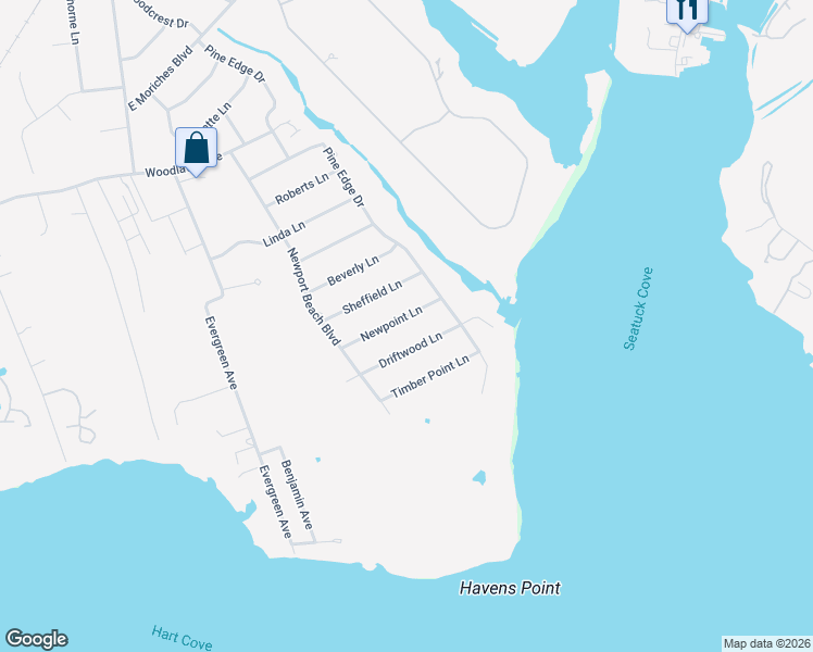 map of restaurants, bars, coffee shops, grocery stores, and more near 16 Newpoint Lane in East Moriches