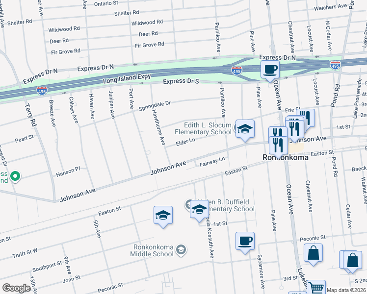 map of restaurants, bars, coffee shops, grocery stores, and more near 562 Elder Lane in Ronkonkoma