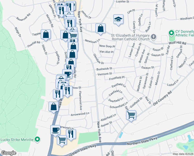map of restaurants, bars, coffee shops, grocery stores, and more near 2495 New York Avenue in Melville