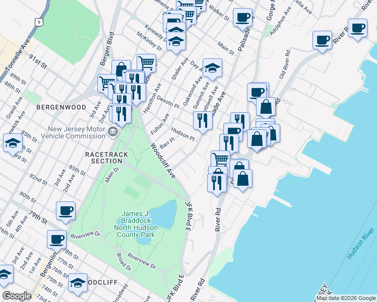 map of restaurants, bars, coffee shops, grocery stores, and more near 9051 New York Avenue in North Bergen