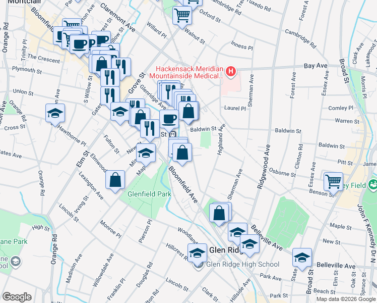 map of restaurants, bars, coffee shops, grocery stores, and more near in Montclair
