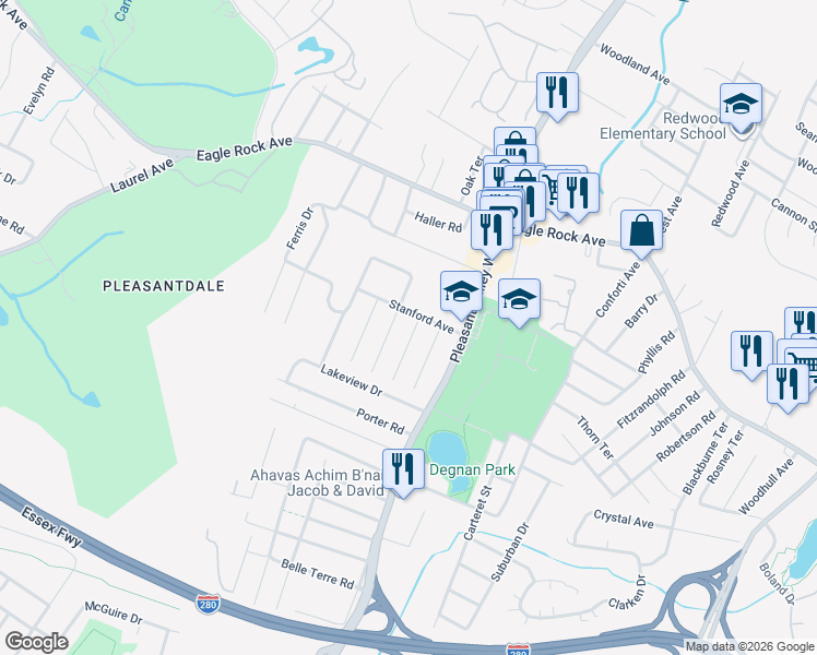 map of restaurants, bars, coffee shops, grocery stores, and more near 16 Stanford Avenue in West Orange