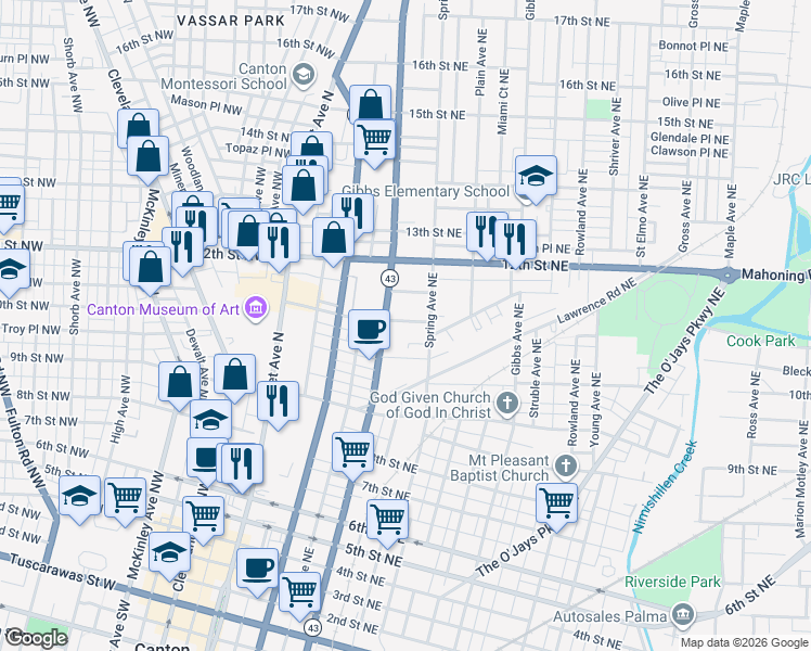 map of restaurants, bars, coffee shops, grocery stores, and more near 1118 Cherry Avenue Northeast in Canton