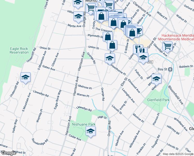 map of restaurants, bars, coffee shops, grocery stores, and more near 180 Orange Road in Montclair