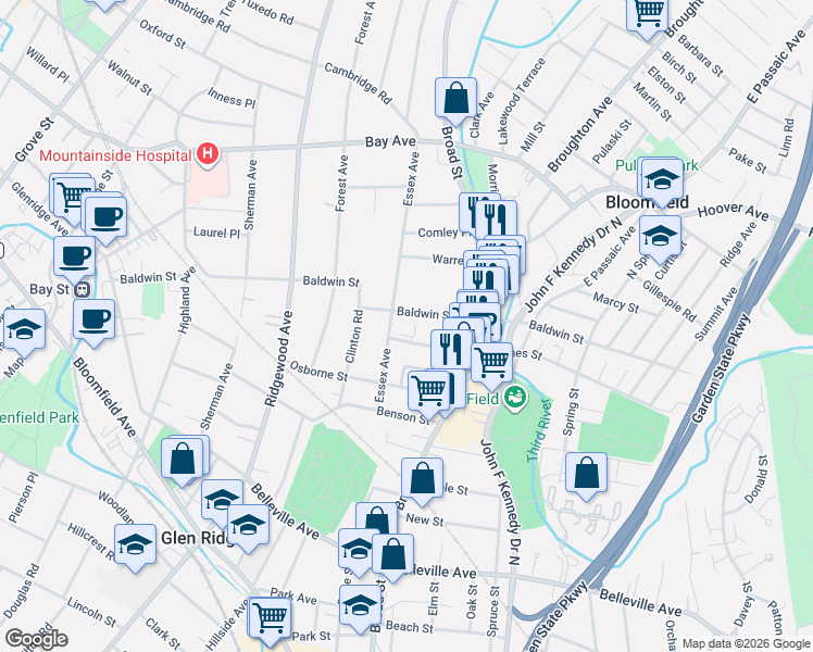 map of restaurants, bars, coffee shops, grocery stores, and more near 83 Essex Avenue in Bloomfield