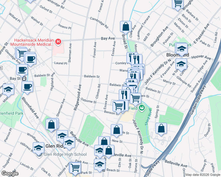 map of restaurants, bars, coffee shops, grocery stores, and more near 83 Essex Avenue in Bloomfield