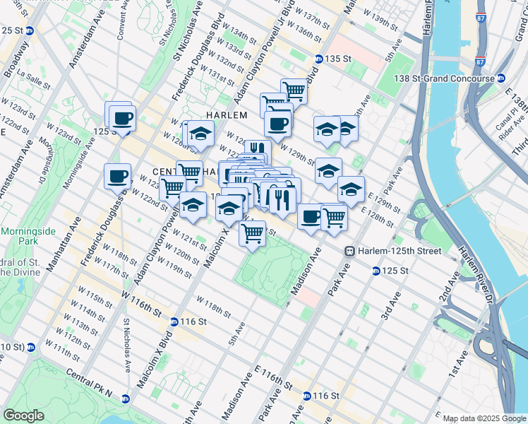 map of restaurants, bars, coffee shops, grocery stores, and more near 60 West 125th Street in New York