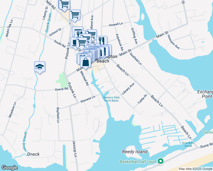map of restaurants, bars, coffee shops, grocery stores, and more near 35 Library Avenue in Westhampton Beach