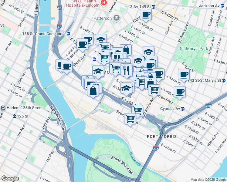 map of restaurants, bars, coffee shops, grocery stores, and more near 423 East 136th Street in Bronx
