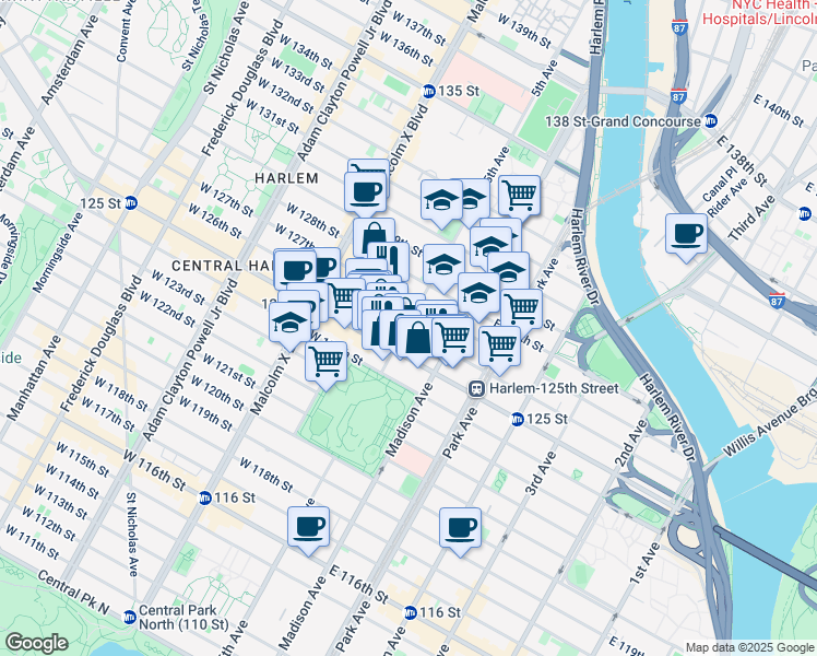 map of restaurants, bars, coffee shops, grocery stores, and more near 2 East 127th Street in New York