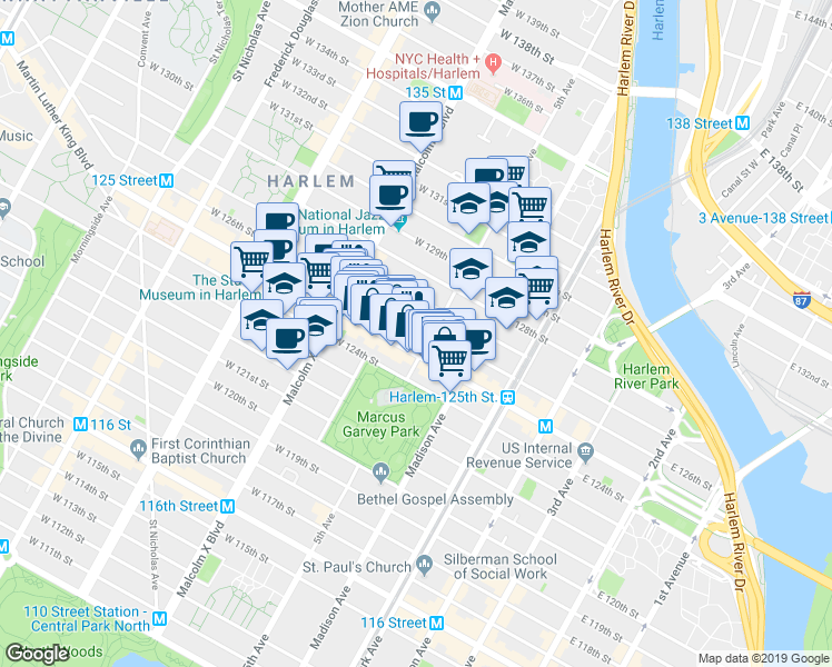 map of restaurants, bars, coffee shops, grocery stores, and more near 23 West 125th Street in New York