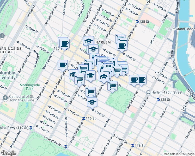 map of restaurants, bars, coffee shops, grocery stores, and more near 123 Adam Clayton Powell Junior Boulevard in New York