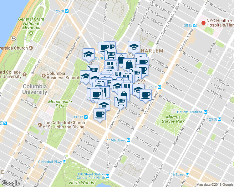 map of restaurants, bars, coffee shops, grocery stores, and more near 234 West 122nd Street in New York