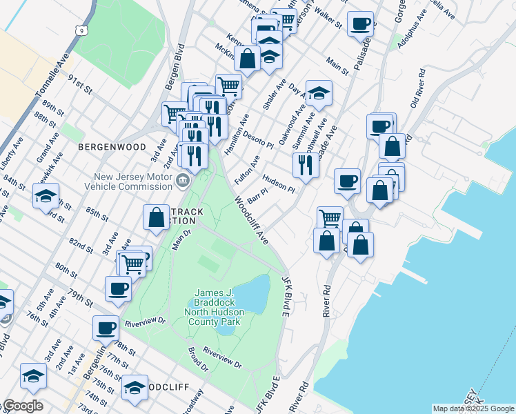 map of restaurants, bars, coffee shops, grocery stores, and more near 9023 Barr Place in North Bergen