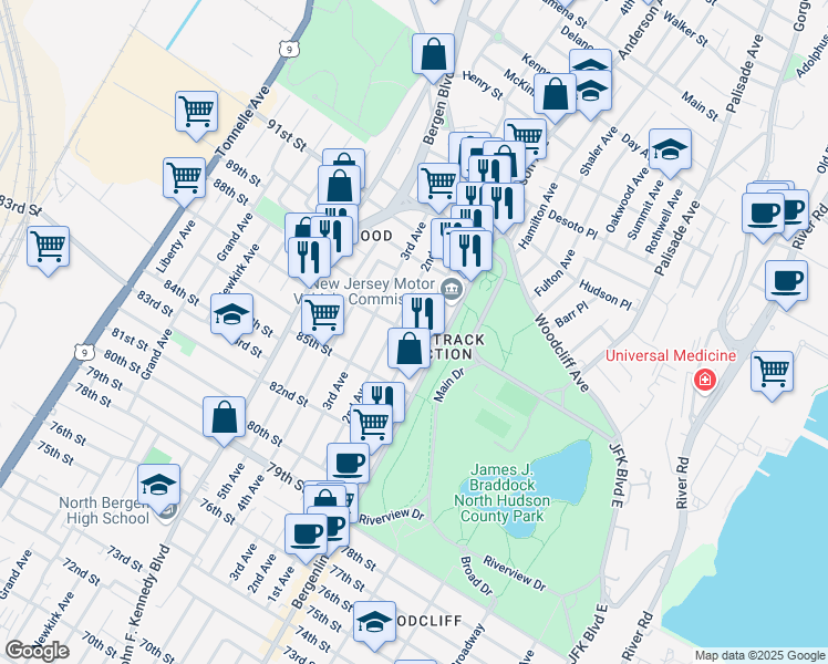 map of restaurants, bars, coffee shops, grocery stores, and more near in North Bergen