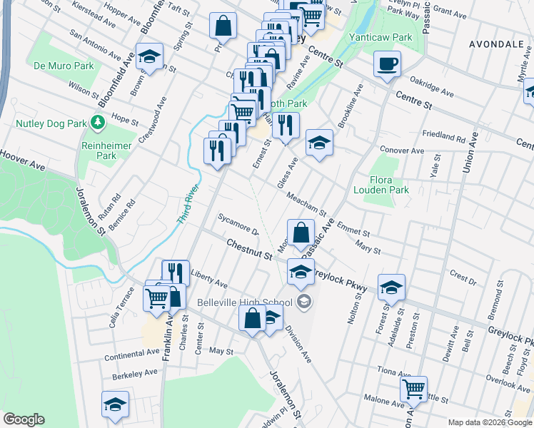 map of restaurants, bars, coffee shops, grocery stores, and more near 3 Hilton Street in Belleville