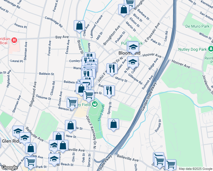 map of restaurants, bars, coffee shops, grocery stores, and more near 9 Beekman Street in Bloomfield