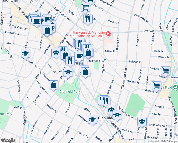map of restaurants, bars, coffee shops, grocery stores, and more near 121 Glenridge Avenue in Glen Ridge
