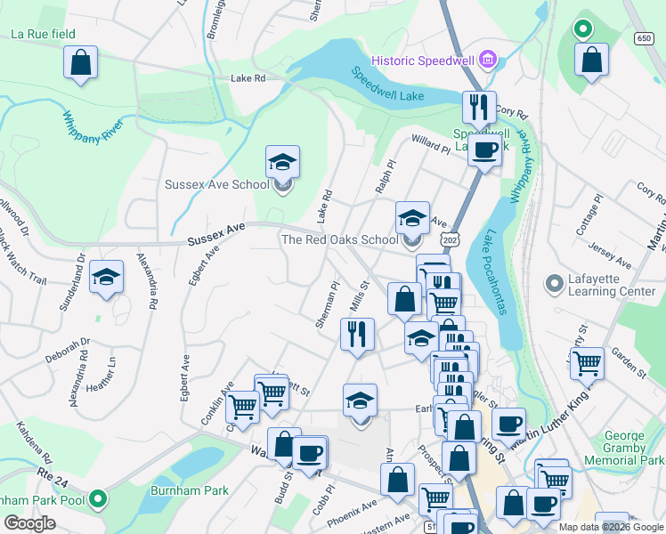 map of restaurants, bars, coffee shops, grocery stores, and more near 3 Woodlawn Drive in Morristown
