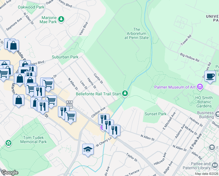 map of restaurants, bars, coffee shops, grocery stores, and more near 1301-1399 Curtin St in State College
