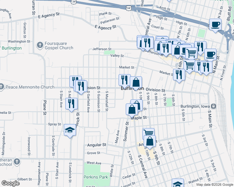 map of restaurants, bars, coffee shops, grocery stores, and more near 1205 Division St in Burlington
