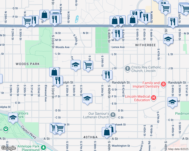 map of restaurants, bars, coffee shops, grocery stores, and more near 3788 H Street in Lincoln