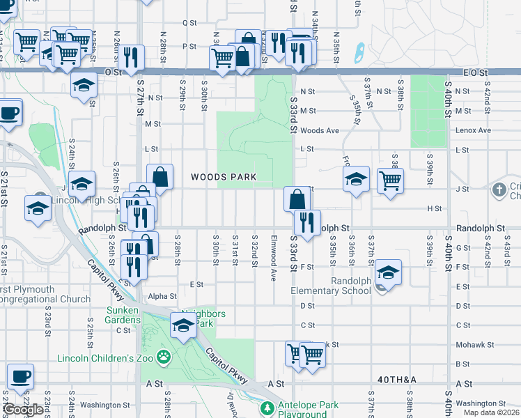 map of restaurants, bars, coffee shops, grocery stores, and more near 624 South 32nd Street in Lincoln