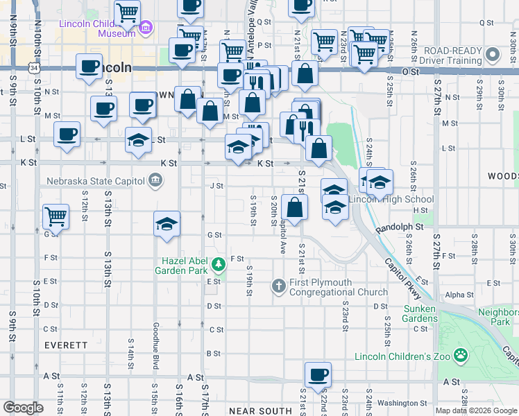 map of restaurants, bars, coffee shops, grocery stores, and more near 611 South 20th Street in Lincoln