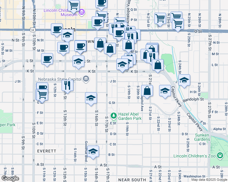 map of restaurants, bars, coffee shops, grocery stores, and more near 623 South 18th Street in Lincoln