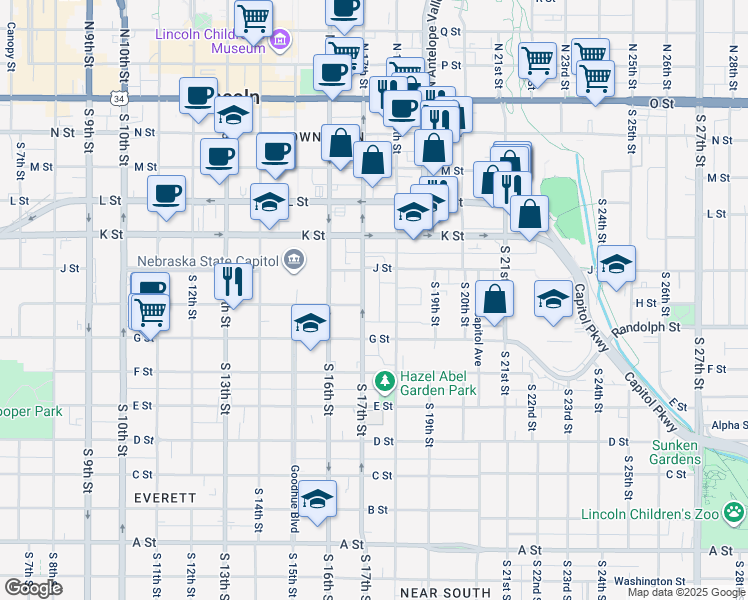 map of restaurants, bars, coffee shops, grocery stores, and more near 623 South 18th Street in Lincoln