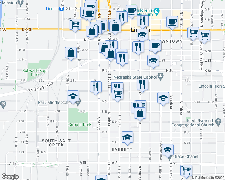 map of restaurants, bars, coffee shops, grocery stores, and more near 640 South 10th Street in Lincoln