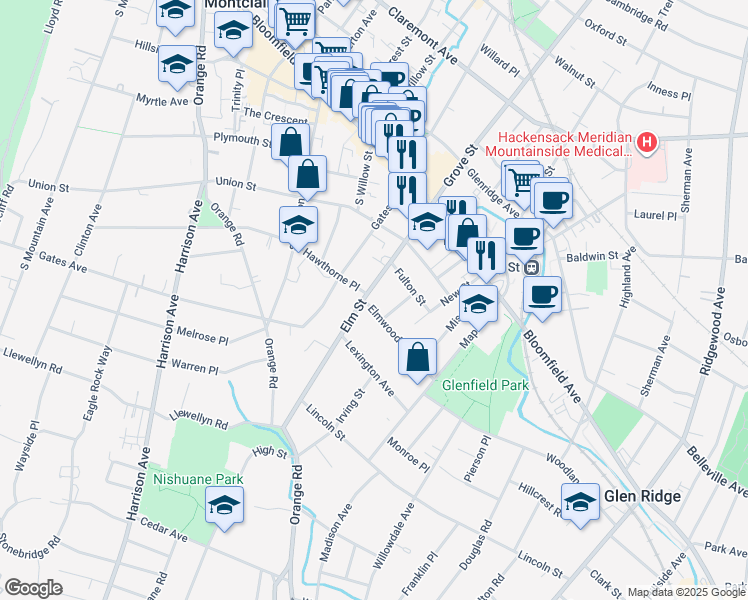 map of restaurants, bars, coffee shops, grocery stores, and more near in Montclair