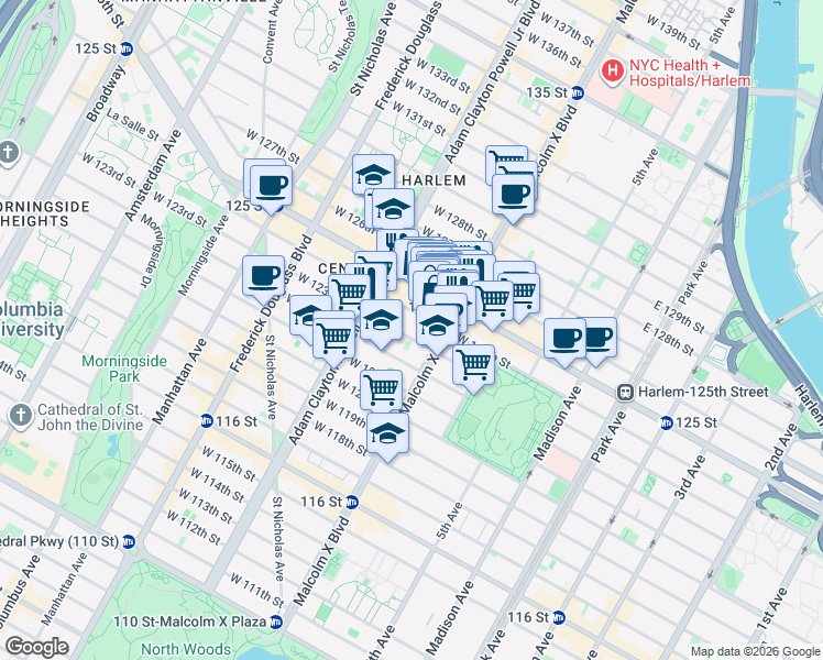 map of restaurants, bars, coffee shops, grocery stores, and more near 123 Adam Clayton Powell Junior Boulevard in New York