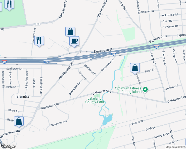map of restaurants, bars, coffee shops, grocery stores, and more near 79 Shafter Street in Islandia
